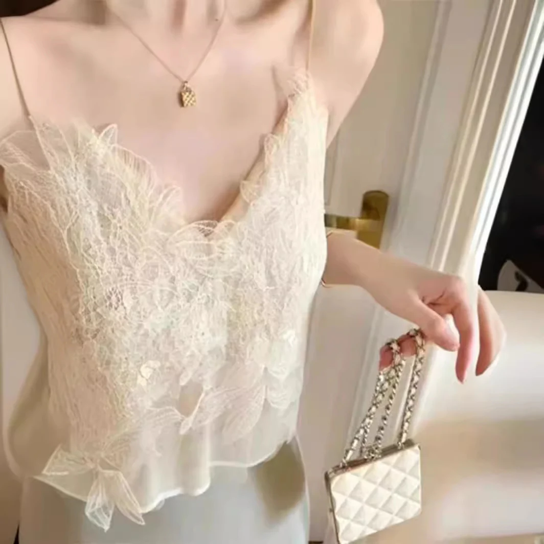 2025 popular Spring  Coffee Break Pure Desire High Sense Small Fragrance Lace Suspender Bottom Knitted Cardigan Top Women - Deanwangkt