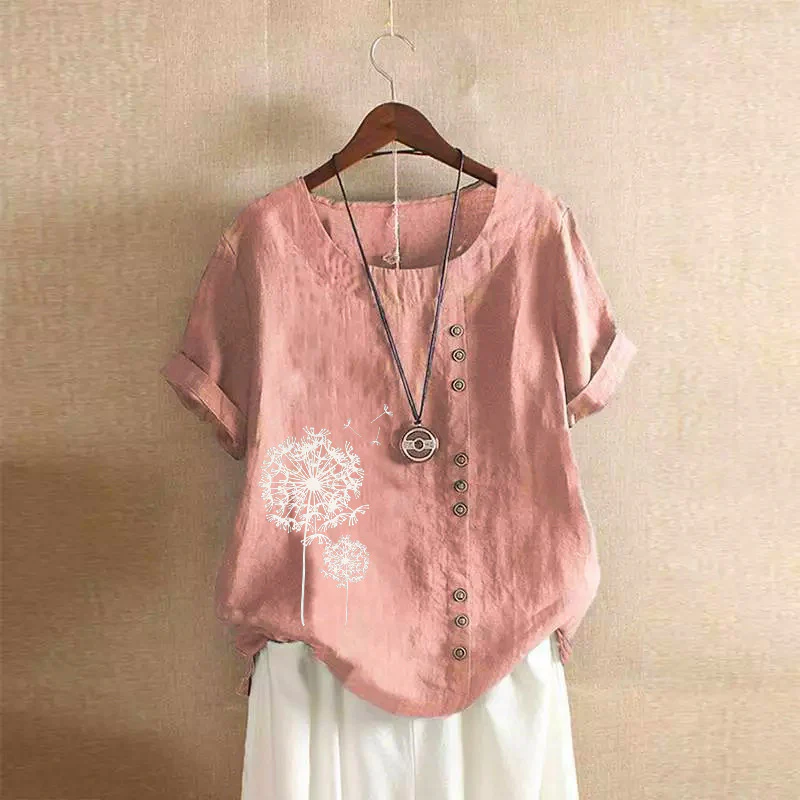 DEANWANGKT  2022 Summer Retro plus Size Casual Loose Cotton and Linen Short Sleeve Pullover T-shirt Cotton and Linen Women's Clothing plus Size Women's Clothing - Deanwangkt