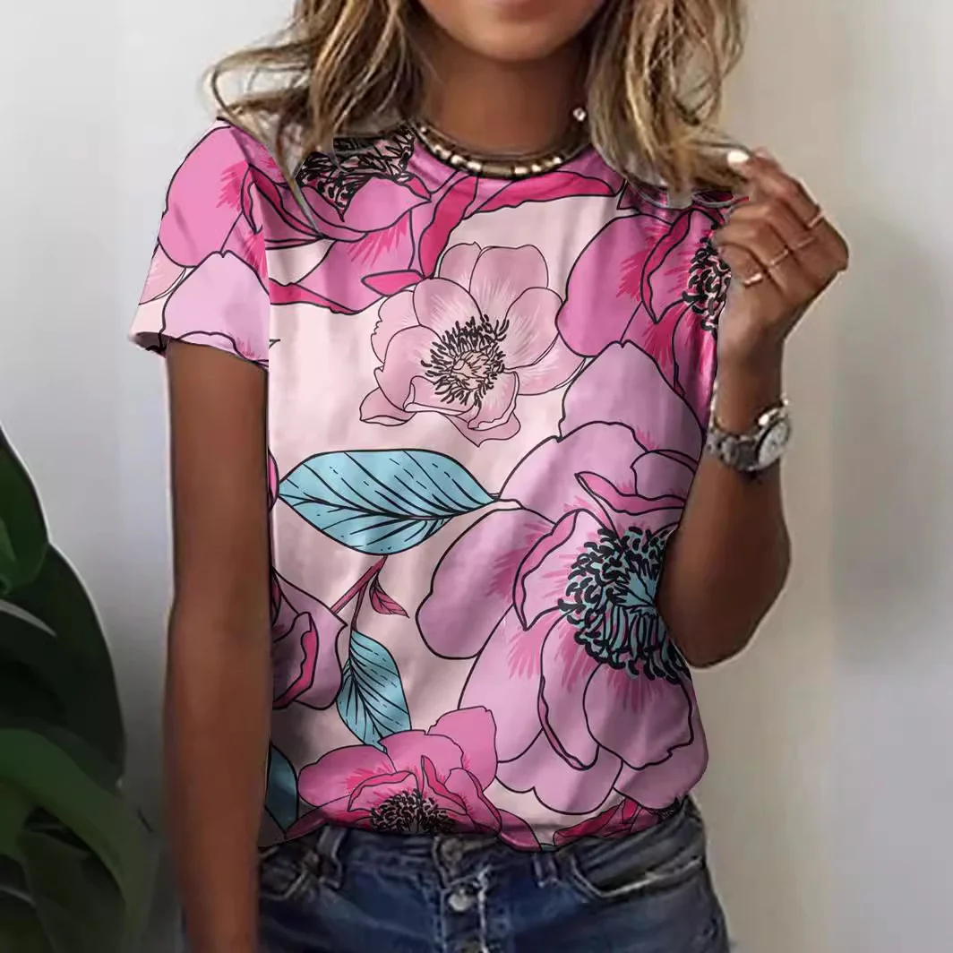 DEANWANGKT  European and American Women's Clothing Summer New Foreign Trade 3D Plant Flower Digital Printed round Neck Short Sleeve Women's T-shirt ME15 - Deanwangkt