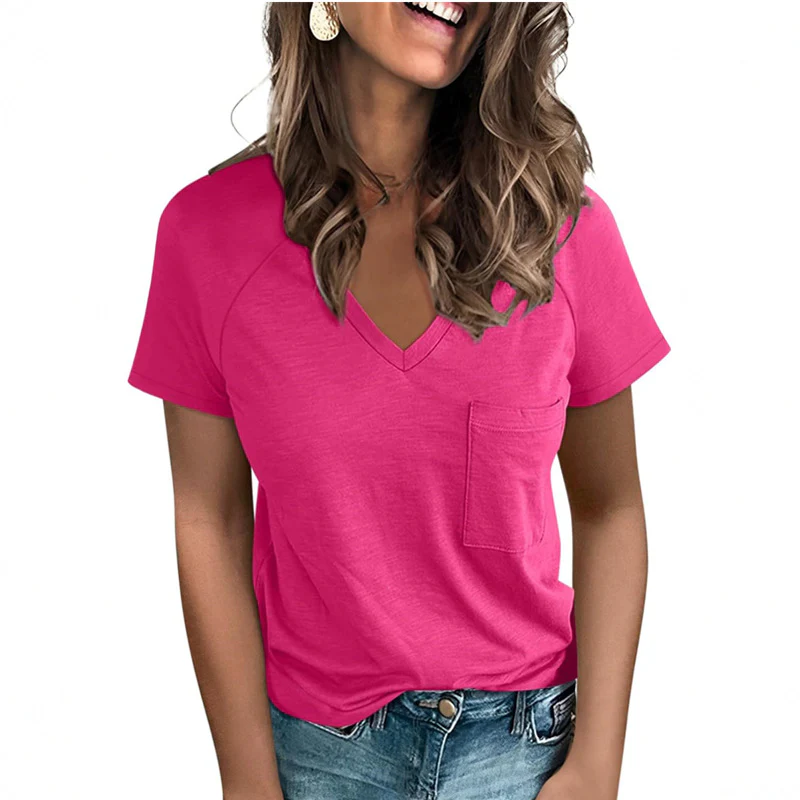DEANWANGKT  Spring/Summer  Cross Border New Women's Fashion Pocket V-neck Split Raglan Short-Sleeved Top T-shirt Women's Clothing - Deanwangkt