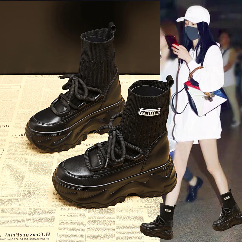 Martin Boots for Women Height Increasing Insole High-Top  Autumn and Winter Korean Style Muffin Bottom Cowhide Black Shoes One Piece Dropshipping Tide - Deanwangkt