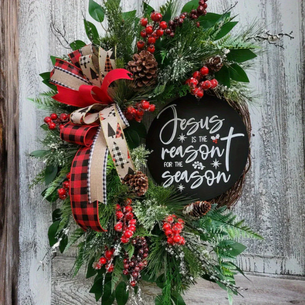 17.71in Round Wood Merry Christmas Sign with Bow for Front Door Decorations, Green, Hanging Ornament, Farmhouse Outdoor Wall Home Decor - Deanwangkt