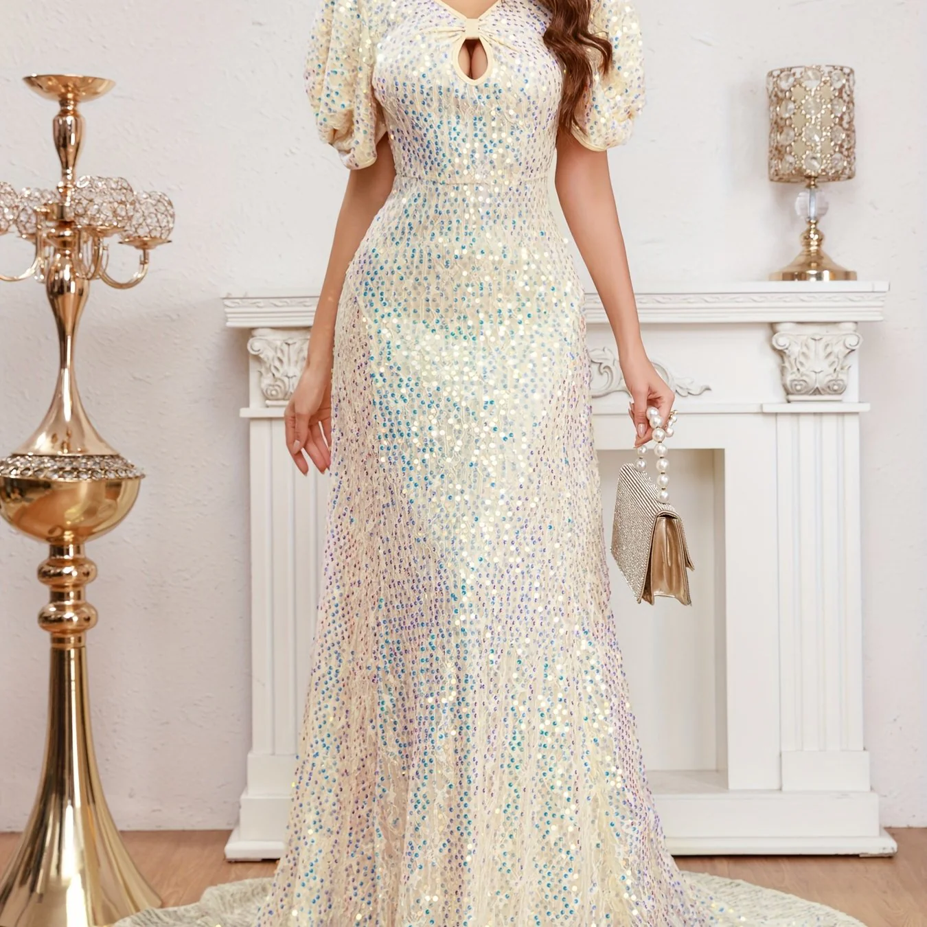 Glamorous Sequin Keyhole Dress - Short Puff Sleeves, V Neck, Dramatic Sweep Train - Figure-Flattering Gathered Design for Fashion-Forward Women - Evening Gown - Deanwangkt