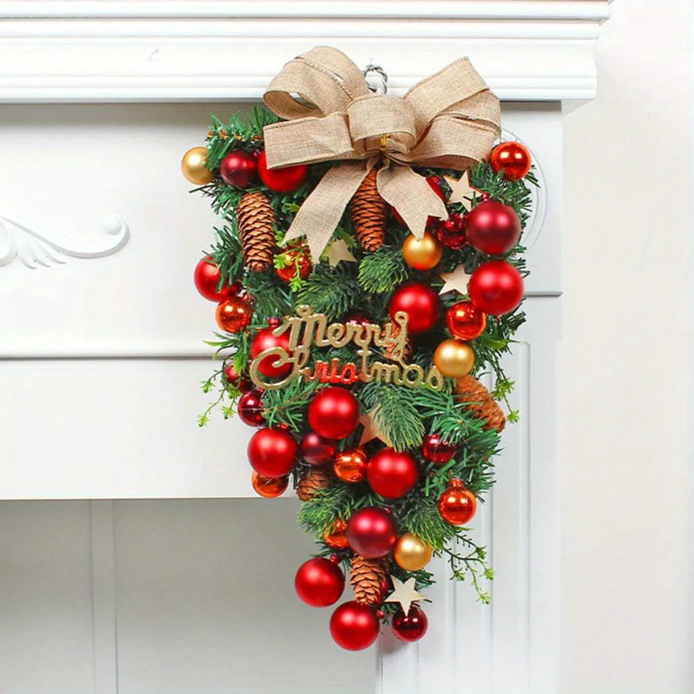 18.5 Inches Artificial Christmas Ball Wreath with Pine Cones, Berry Clusters, Ribbon Bows for Front Door Christmas Wreaths, New Year Xmas Decorations Teardrop Swag - Deanwangkt