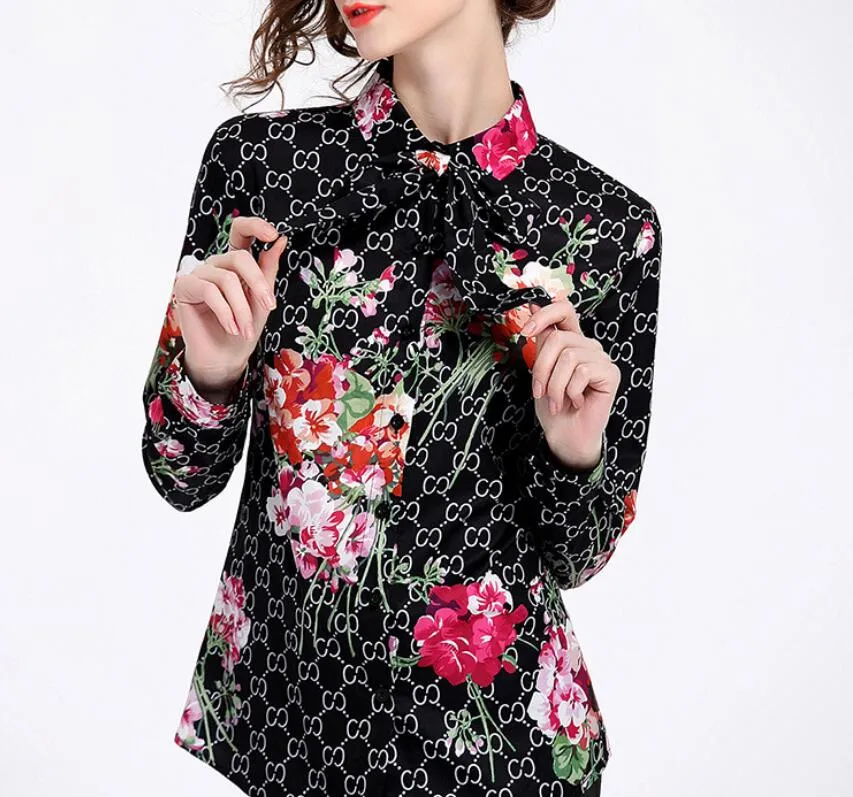 Designer Women Shirts Luxury GG Letter Chiffon Office Blouses Polo-Neck Lattice Ladies Loose Temperament Tops Blusas Fashion Dresses - Deanwangkt