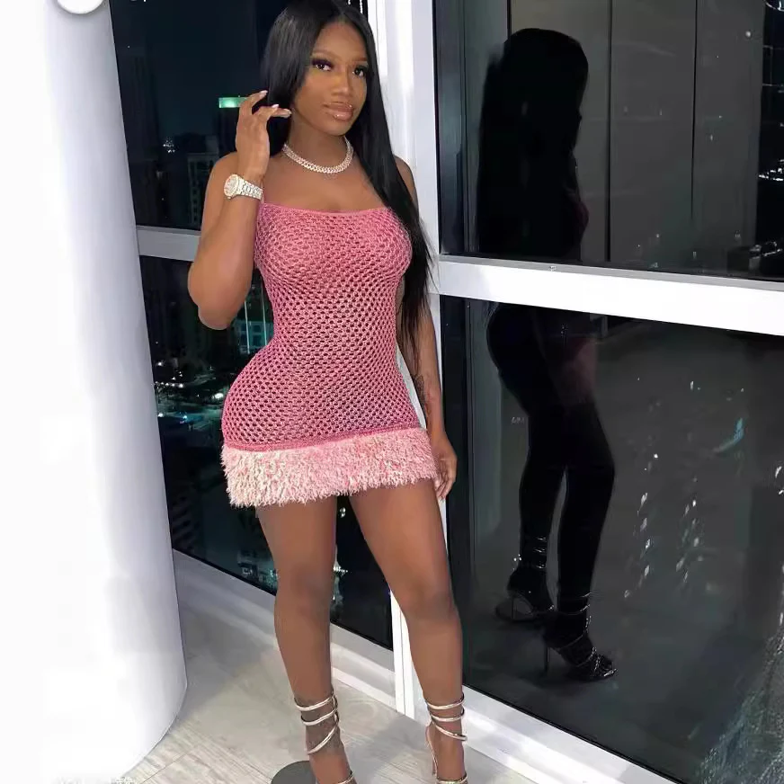 DEANWANGKT Products in Stock New  AliExpress  Sexy Suspenders Beaded Gilding Sheath Bright Mesh Hollow Dress - Deanwangkt