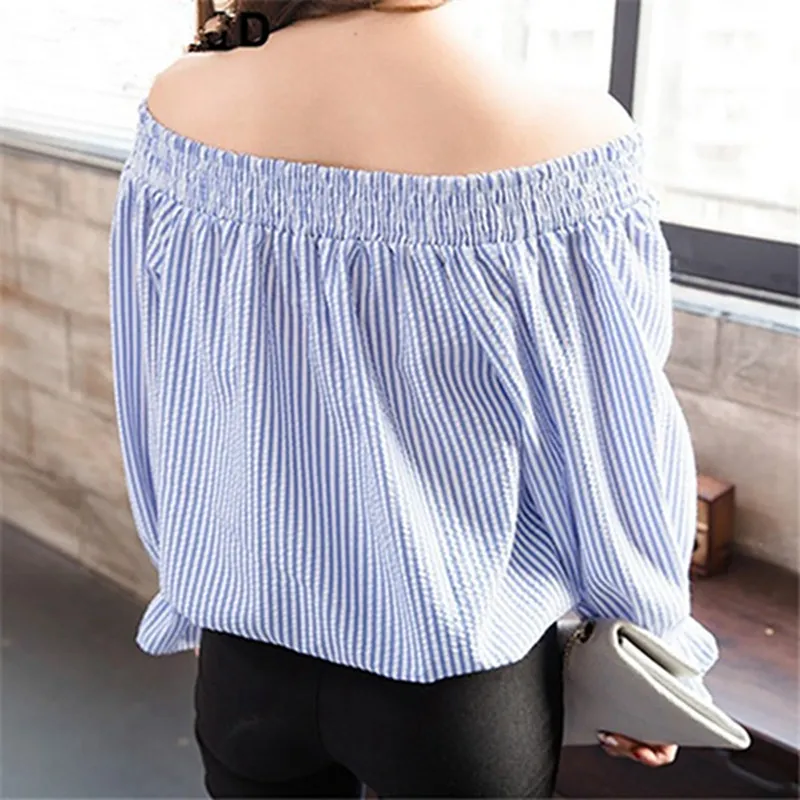 Sexy Off Shoulder Blouse Summer Women Bow Slash Neck Long Sleeve Blue Vertical Striped Shirt Blusas Casual Tops Plus Size - Deanwangkt