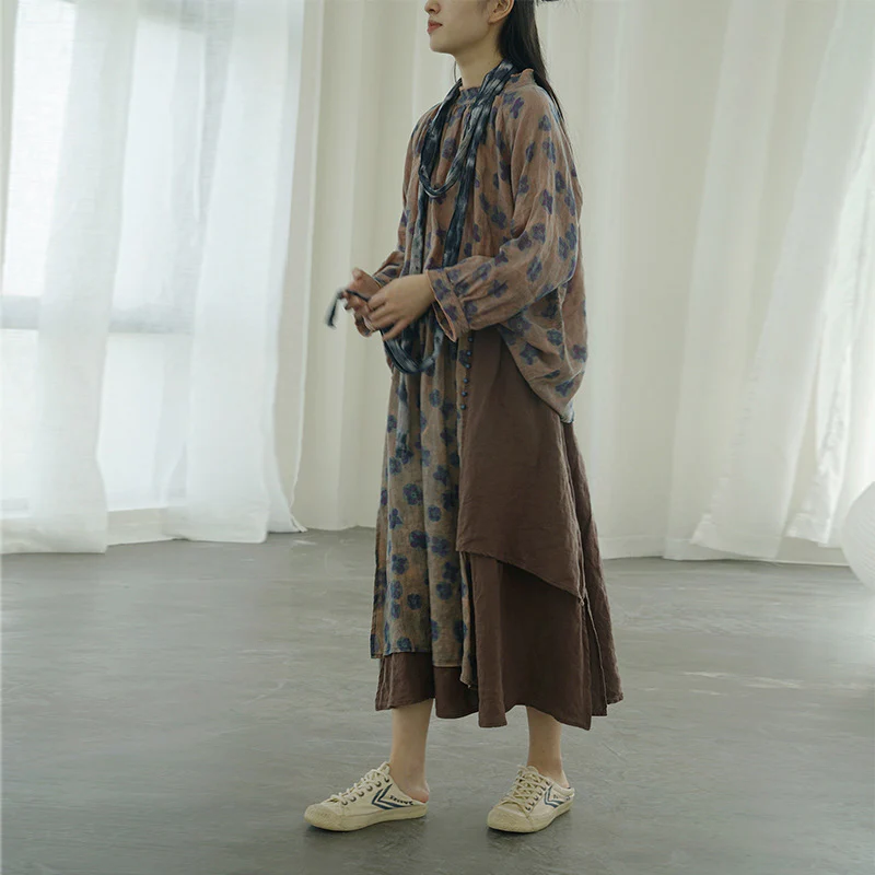 retro nostalgic blue-dye printed irregular long dress, autumn and winter national tide personalized linen skirt B22280 - Deanwangkt