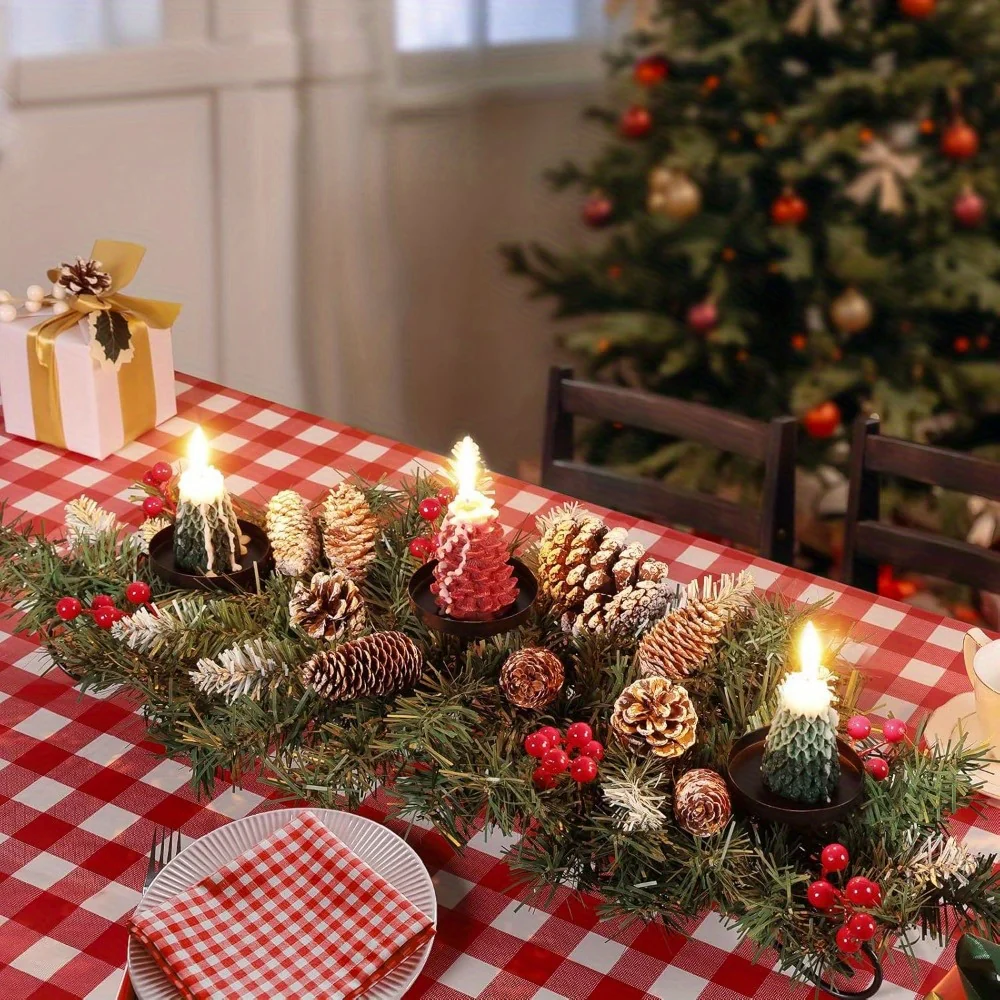 31.5in Artificial Christmas Centerpiece with Steel Base, 3 Candle Holders, Pine Cones, Red Berries, Christmas Decorations Indoor for Festival Home Decoration - Deanwangkt