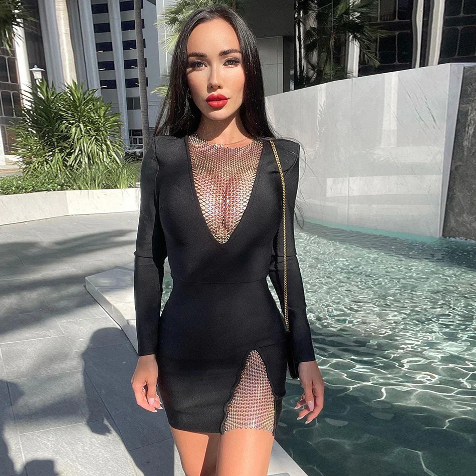 Design Shiny V-neck Rhinestone Slim Fit Slit Dress Niche Slimming Sheath Long Sleeve Bandage Dress Dress for Women - Deanwangkt