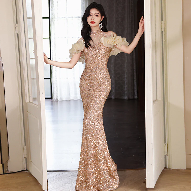 2025 Golden Evening Dress 2025 New Celebrity  Sequin Waist Fishtail Dress One Shoulder Banquet Art Examination Dress Dress - Deanwangkt