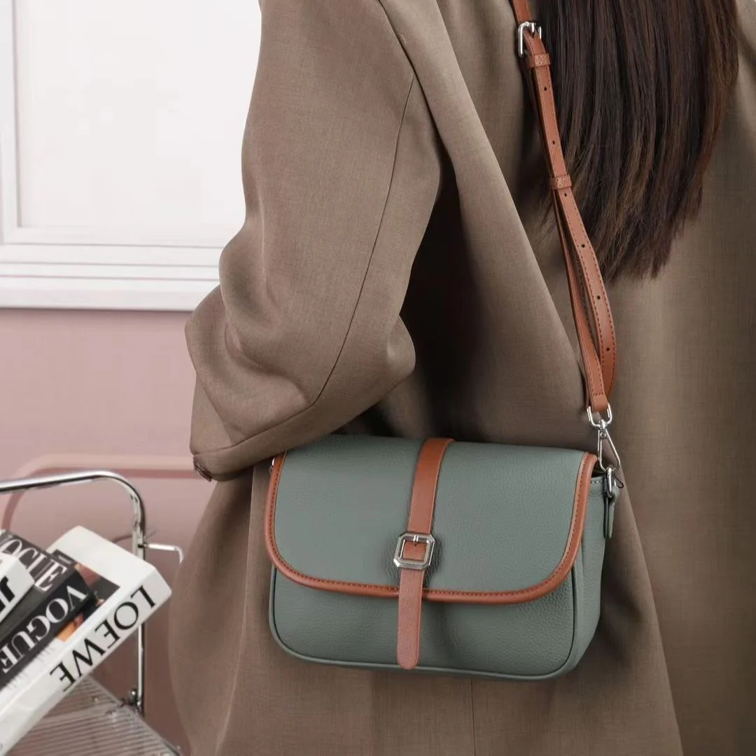 New leather women's bag first layer cowhide TOGO leather contrasting color messenger bag women's small square bag casual versatile bag cover 602 - Deanwangkt