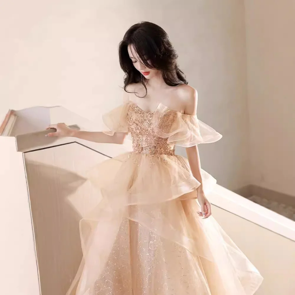 2025 Super fairy light yarn evening dress women's high sense light luxury Popular style  word shoulder champagne vocal art test haute couture - Deanwangkt