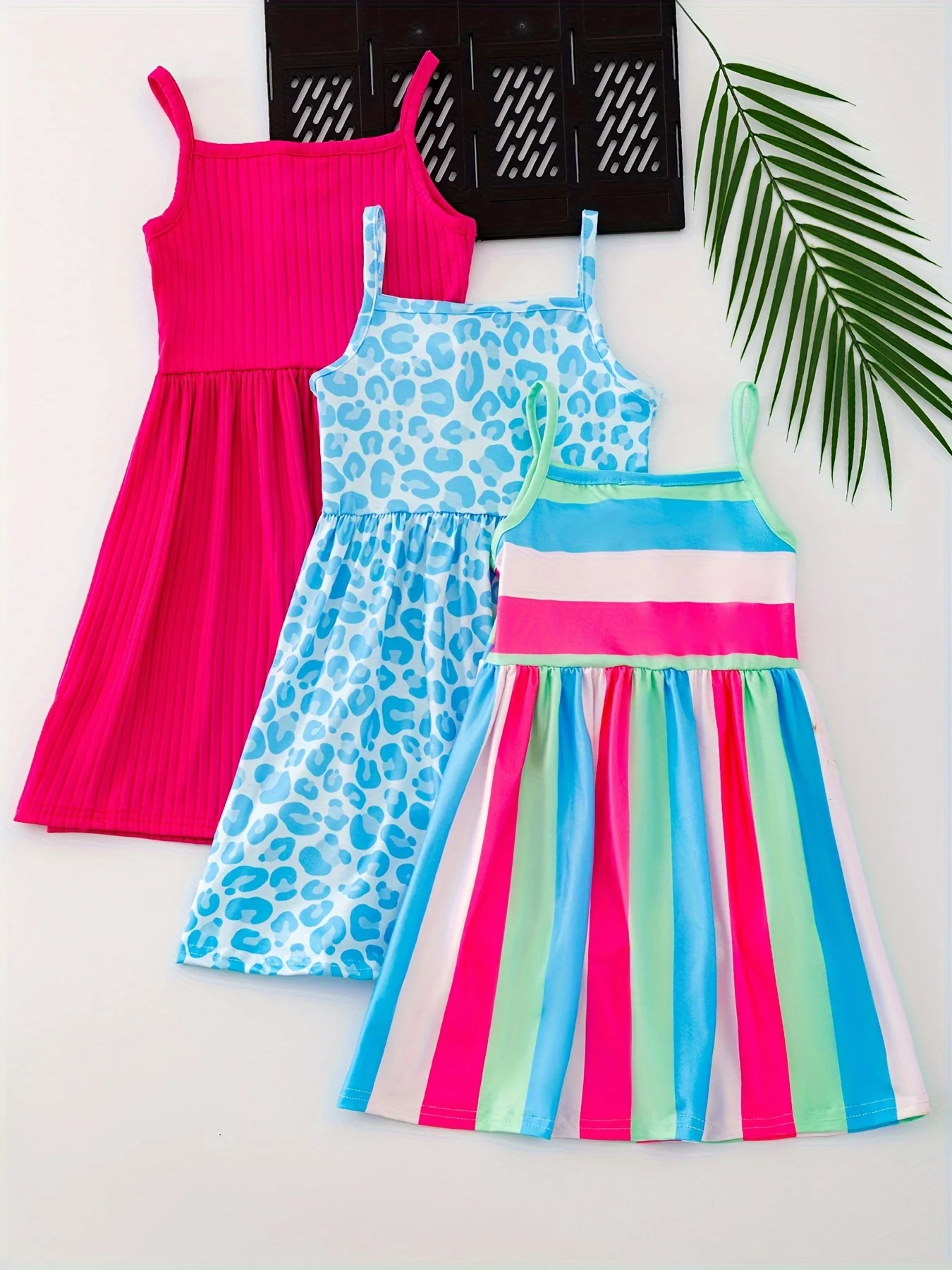 3pcs Chic Girls' Cami Dress Set - Leopard & Stripes, Soft Stretch Fabric, Sleeveless Summer Outfits for Holidays & Parties - Deanwangkt