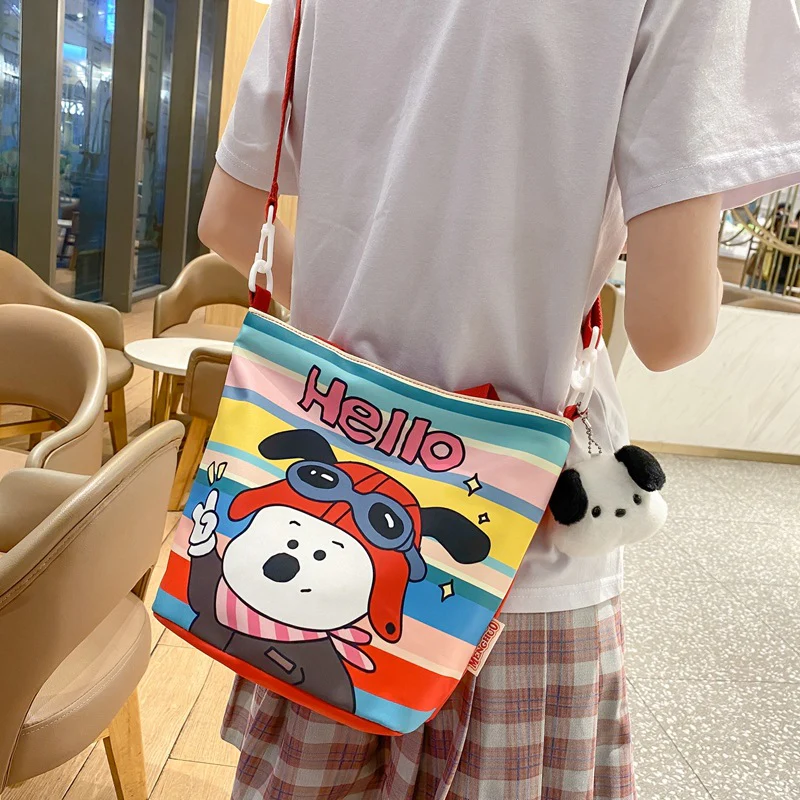 DEANWANGKT 2025 ins cute cartoon graffiti canvas bag Korean version bucket bag girl soft girl handbag shoulder messenger bag - Deanwangkt