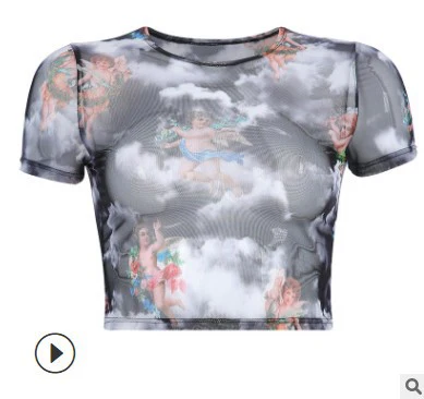DEANWANGKT  Hot Sale 2022 Spring European and American Ins New Women's Sexy Angel Print Mesh Short Sleeve T-shirt Female in Stock - Deanwangkt