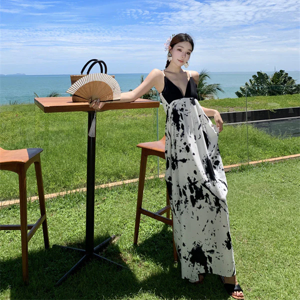 2025 New Chinese ink painting printing v-neck suspender chic dress women's summer seaside vacation style design long dress - Deanwangkt