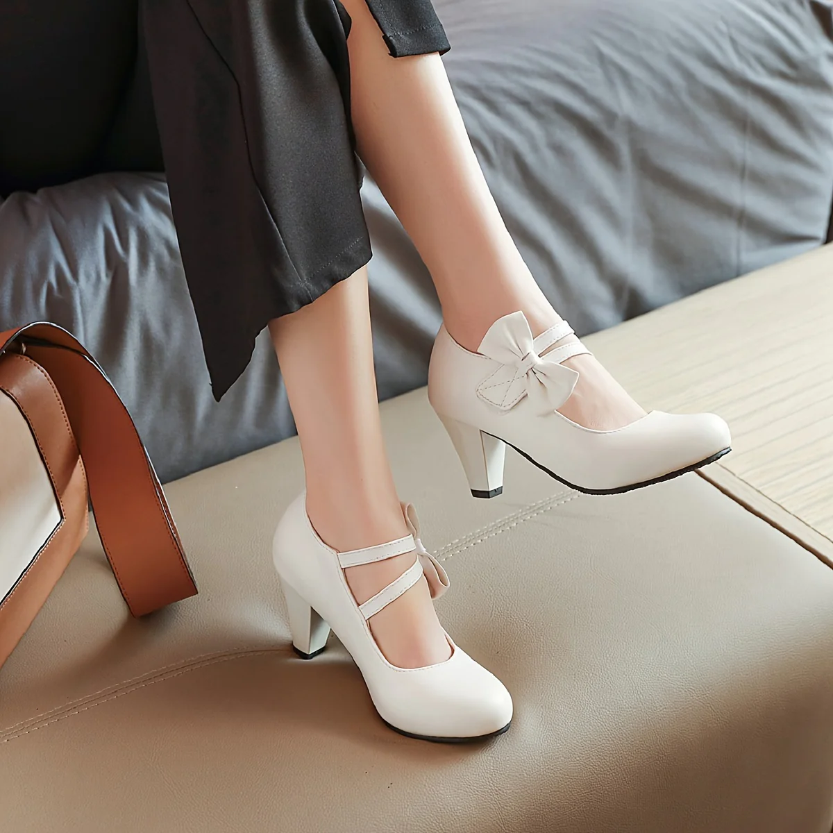 deanwangkt  Chic Kitten Heels with Round Toe & Bowknot Ankle Strap - Comfortable PU Leather Pumps for Work & Fashionable Dance - Elegant Women's Dress Shoes - Deanwangkt