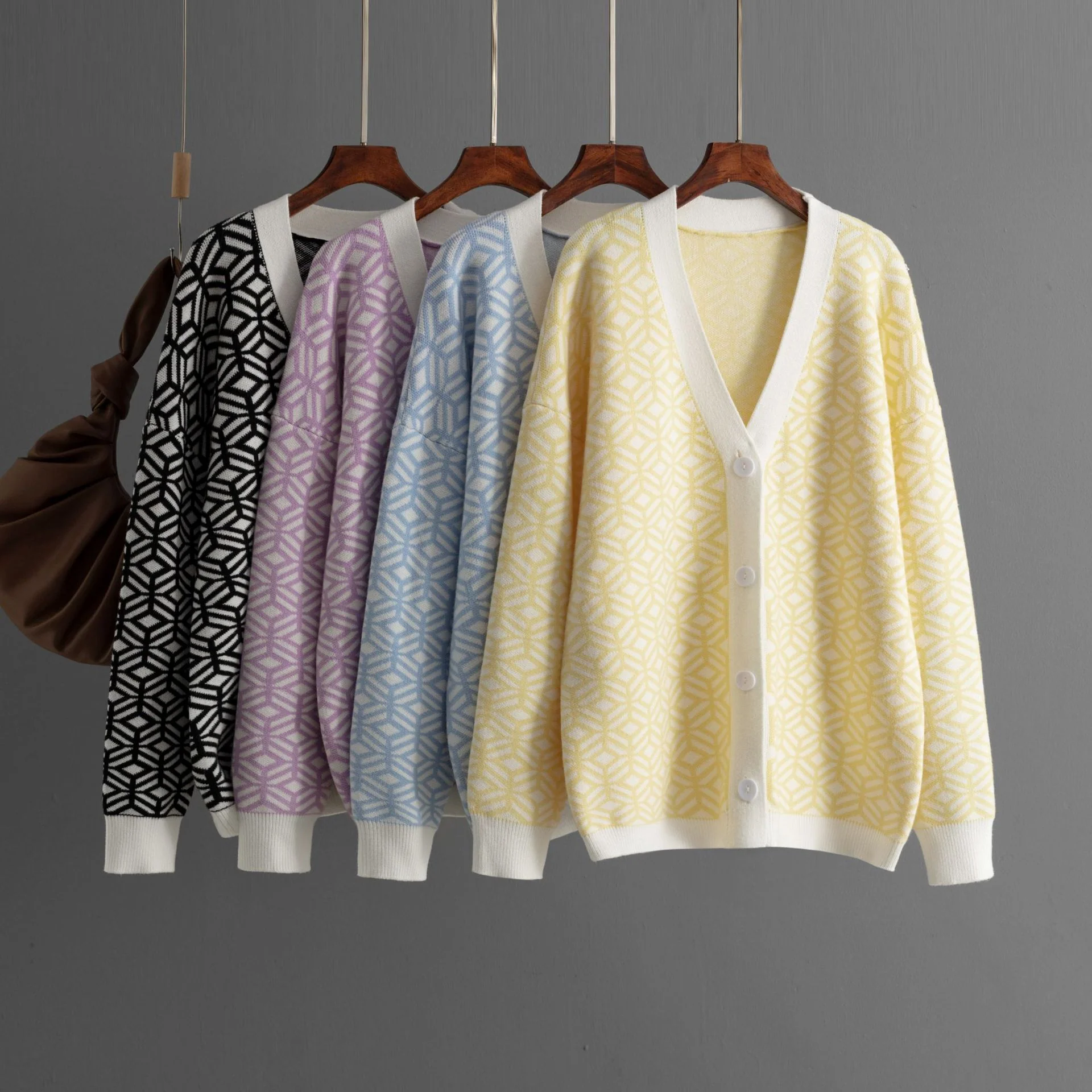 DEANWANGKT New autumn new knitted cardigan V-neck thousand bird grid contrasting colors loose long-sleeved medium and long sweater jacket women - Deanwangkt