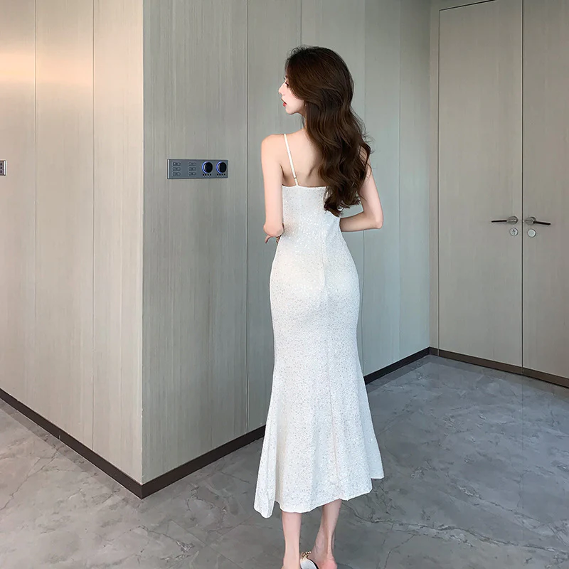 2025 Light luxury sequined fishtail suspender skirt, sexy backless hip dress, high-end national style birthday party dress dress dress - Deanwangkt