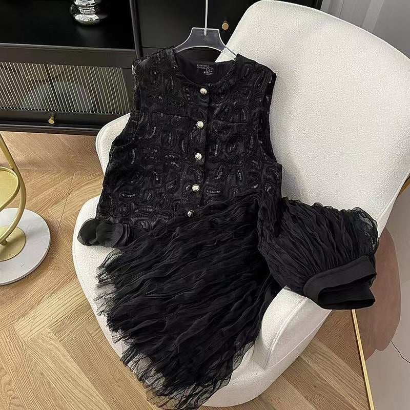 2025 popular spring and summer new super fairy new Chinese heavy industry two-piece set embroidery sequined vest chic mesh skirt women - Deanwangkt