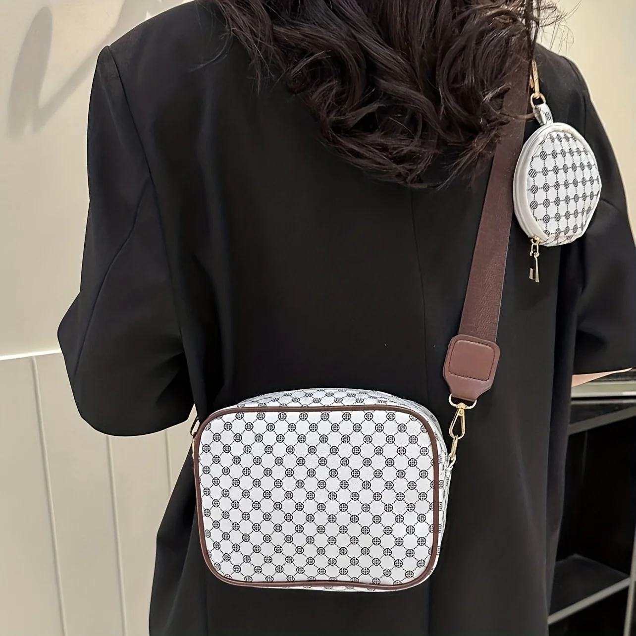 Fashion-forward Geometric Pattern Crossbody Bag - Durable PU Leather Shoulder Bag with Stylish Round Coin Purse for Women - Adjustable & Convenient - Deanwangkt
