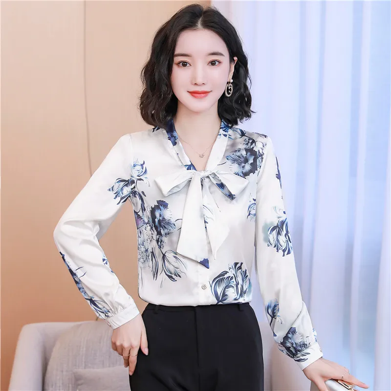 Printed Women Designer Lapel Shirts Silk Black Long Sleeve Elegant Fit Shirt Office Ladies Button Front Casual Satin Blouses Spring Fall Chic Slim Runway Tops - Deanwangkt