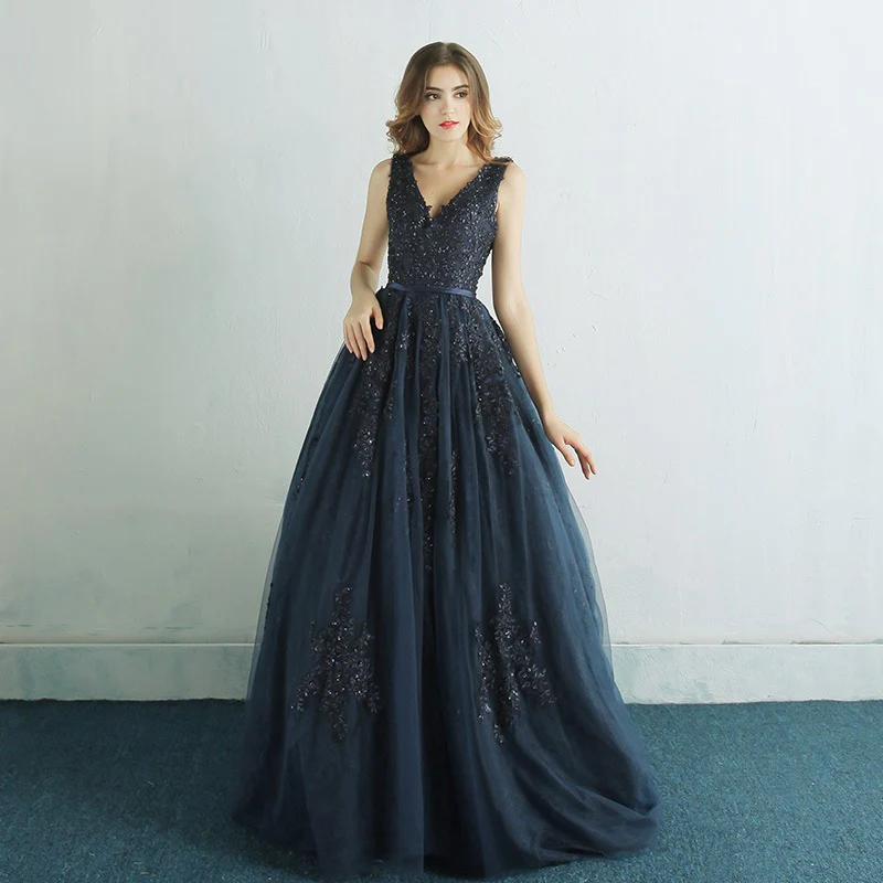 2025new temperament long navy blue dinner host slim small trailing dance evening dress dress - Deanwangkt