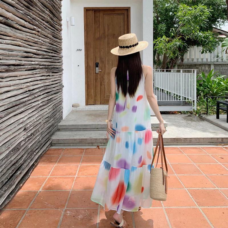 2025 Dopamine color polka dot sleeveless neck dress women's summer new vacation style loose and thin beautiful long dress - Deanwangkt