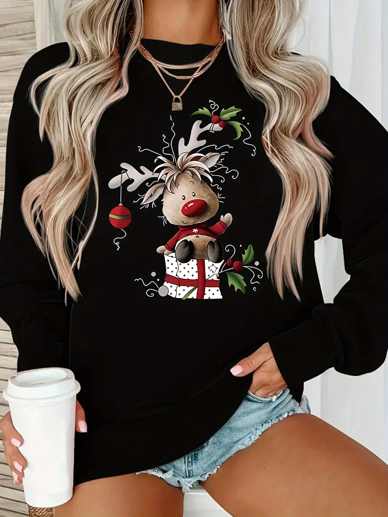 Y2K Style - Cartoon Christmas Reindeer Pattern Women's Round Neck Pullover Casual Sports Long-sleeved Plush Lined Sweater Pullover Top - Deanwangkt