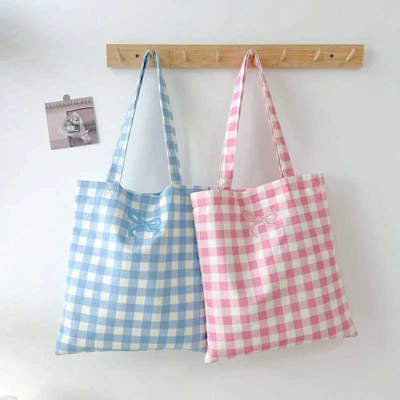 DEANWANGKT 2025 cute plaid shoulder bag popular new little fresh girl fabric tote bag soft cute plaid make-up bag - Deanwangkt