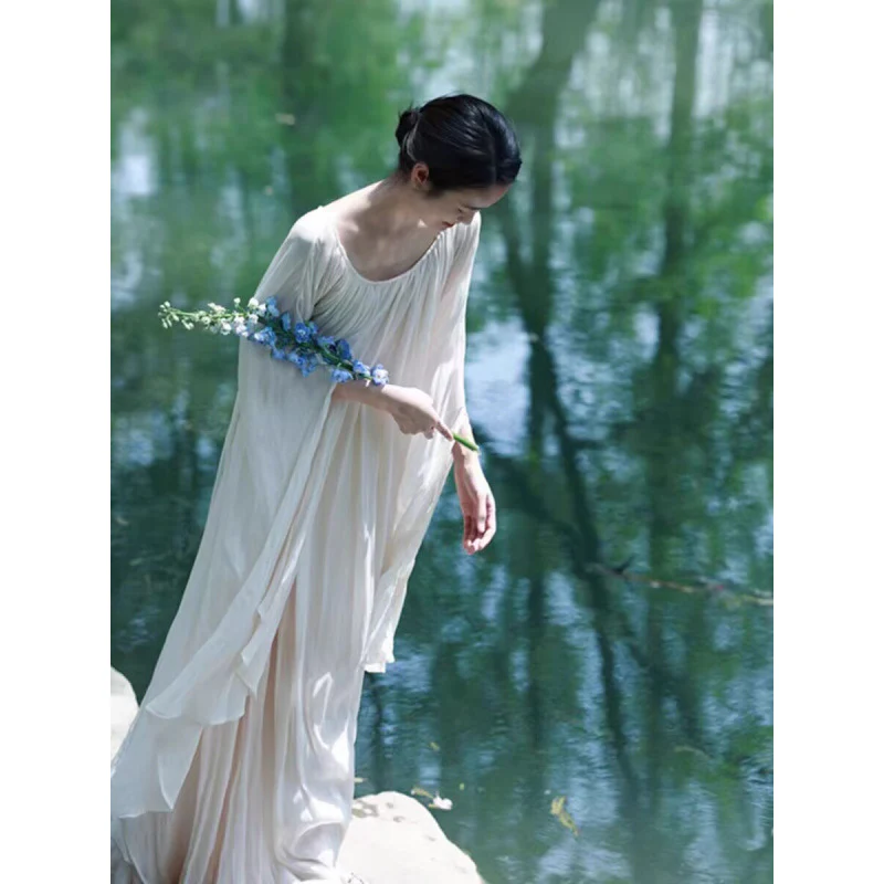 Cool Zen style round neck new Chinese style white dress children's spring loose lazy style temperament morning robe - Deanwangkt