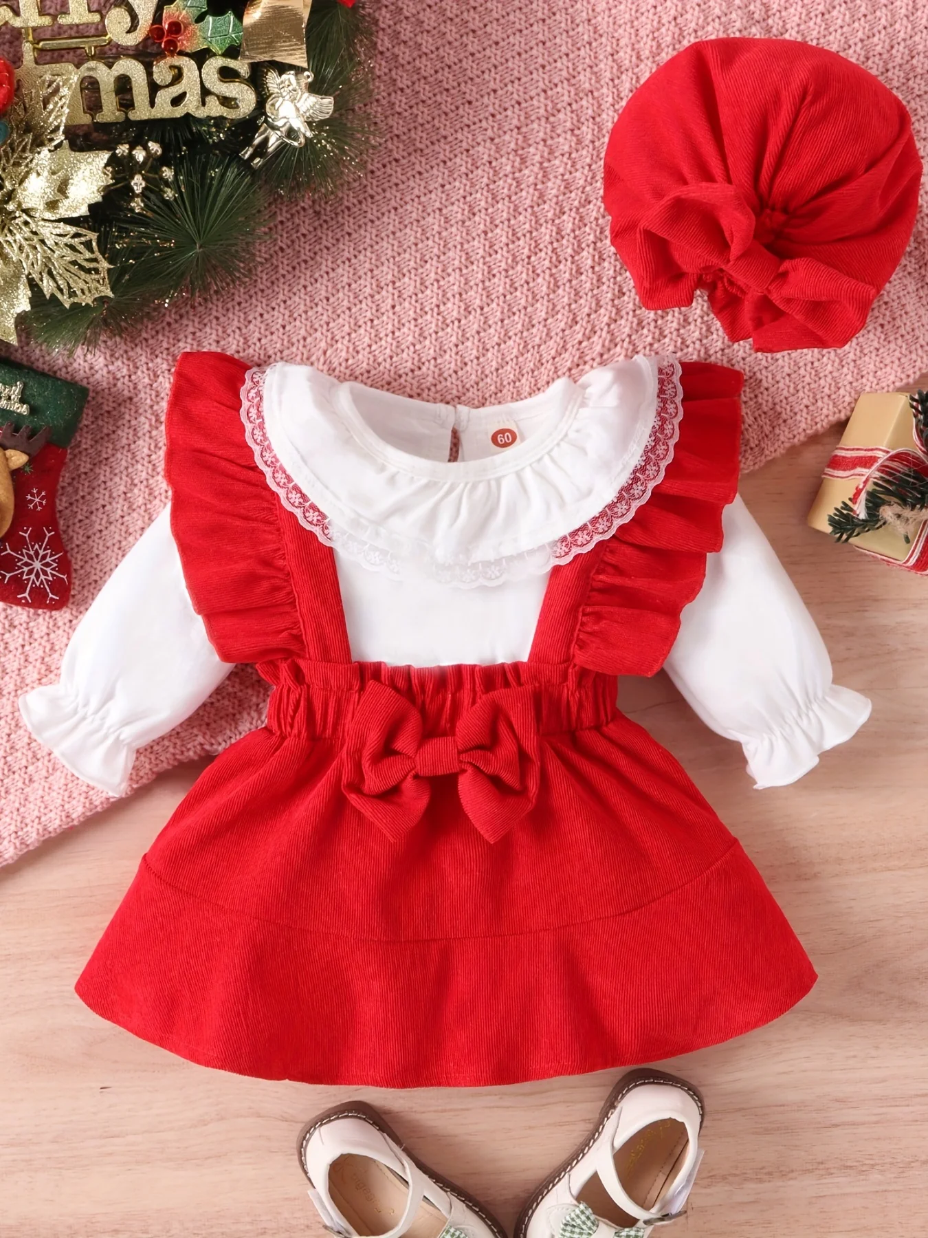 Baby Girls Cute Lace Trim Long Sleeve Romer + Red Plaid Suspender Skirt + Hat 3pcs Set Party Christmas Outfit, Coquette Style - Deanwangkt