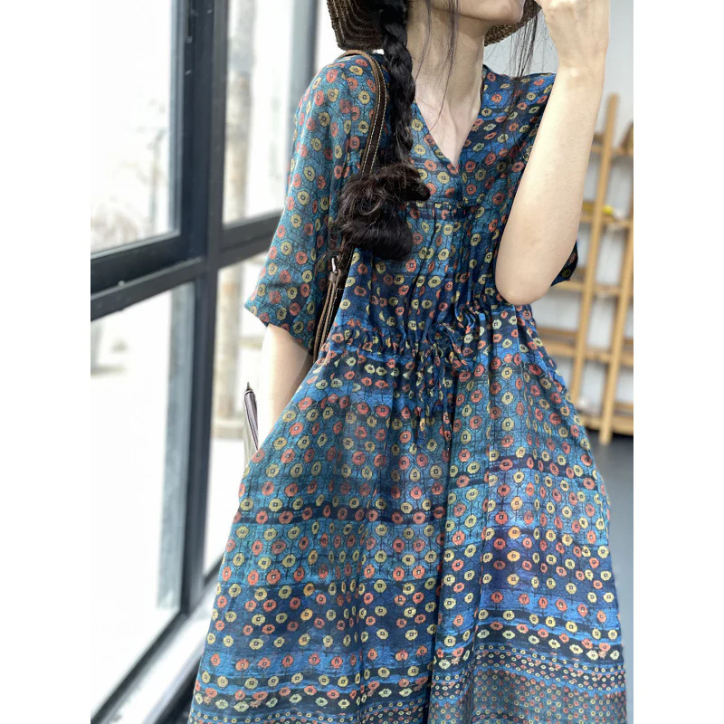 Summer new V-neck waist strap-up slim loose retro printing casual light cotton and linen short-sleeved dress women - Deanwangkt