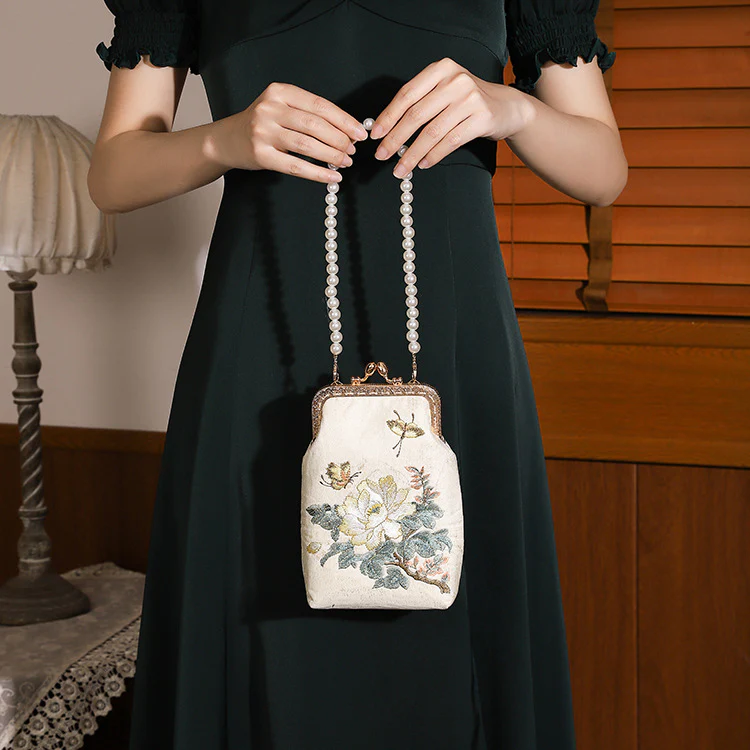 Pearl Embroidered Bamboo Handbag Ancient Style Cheongsam Banquet Clutch Chain Bag Metal Lock Catch Beaded Bag - Deanwangkt