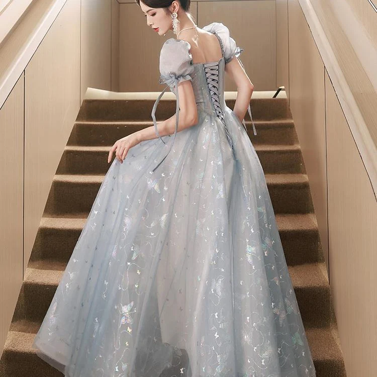 2025 Blue evening dress skirt 2025 new banquet  light luxury temperament bubble sleeve princess vocal art test performance suit - Deanwangkt