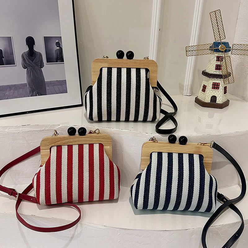 New Women's Bag Striped Canvas Wooden Clip Mouth Clutch Fashion Exquisite Internet Celebrity Same Style One-Shoulder Crossboby Bag - Deanwangkt