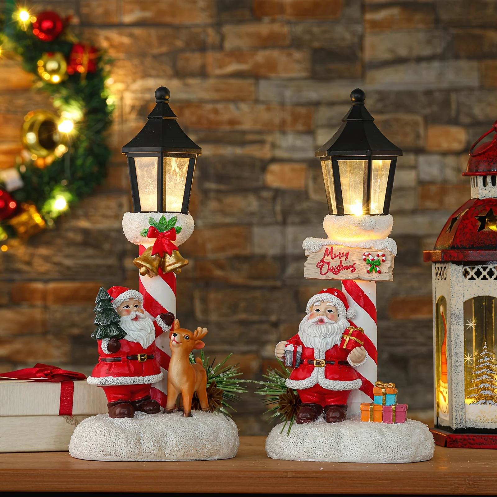 2 Pack Red Cardinal LED Lamppost Christmas Resin Table Decorations Tabletop Statue with Glow Lantern for Home Office Xmas Joy Noel Indoor Holiday Party - Deanwangkt