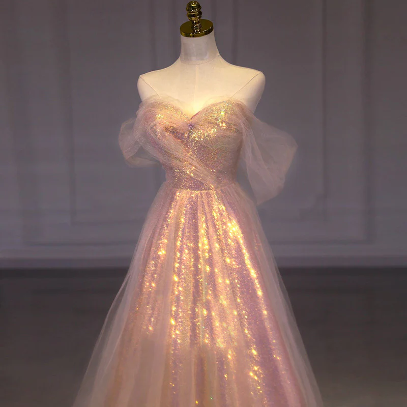 2025 One-word shoulder dress streamer skirt  new temperament long style banquet socialite host pink bridal toast dress - Deanwangkt