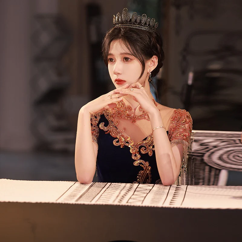 2025 Banquet Evening Dress 2025 Spring Velvet Light Luxury Blue Fairy Temperament Bridal Toasting Dress Vocal Performance Art Examination Dress - Deanwangkt