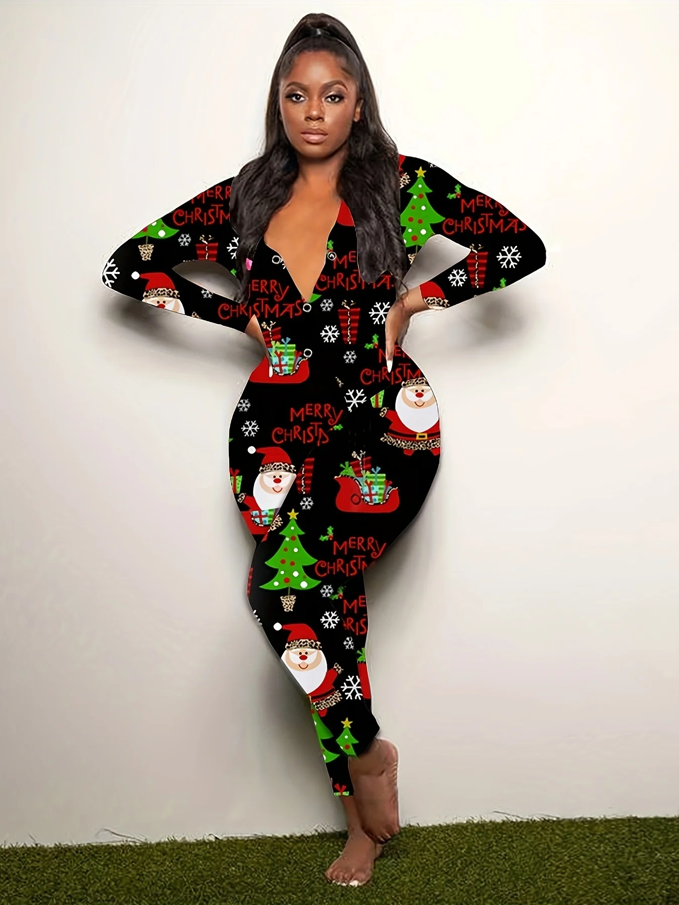 Cozy Festive Lounge Jumpsuit - Soft Long Sleeve, V Neck, Button Front, Relaxed Fit, Comfy Women's Loungewear & Sleepwear for Christmas - Deanwangkt