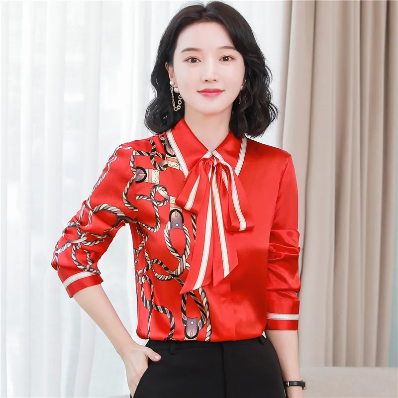 Women's Designer Floral Printed Shirt With Neck Bow Plus Size Elegant Long Sleeve Office Ladies Runway Silk Button Shirts Sweet Girl Chic Satin Blouses Red Tops - Deanwangkt