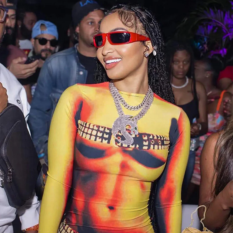 2025 L23DS075  women's clothing  summer new round neck long-sleeved personalized body print slim dress - Deanwangkt