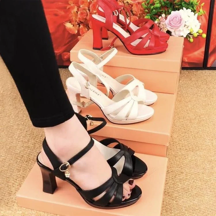 DEANWANGK  Women's Buckle High Heel Sandals  Summer New Open Toe Peep Toe Foreign Trade Cross-Border Lightweight Sandals Temperament Wild - Deanwangkt