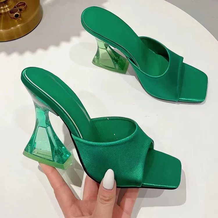 DEANWANGKT  Cross-Border New Arrival plus Size High Heel Sandals Solid Color Crystal Heel Satin European and American Za  Fashion Sandals Heel - Deanwangkt