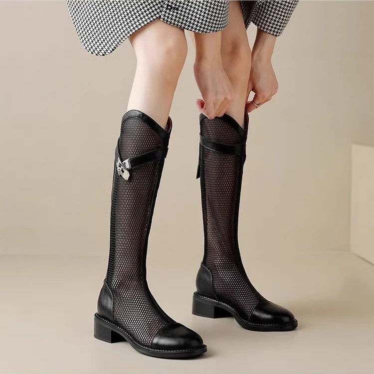Mesh Hollow Boots Female  Summer New Chunky Heel Platform Thin Anti-Slip Breathable Mesh Surface Mid Boots - Deanwangkt