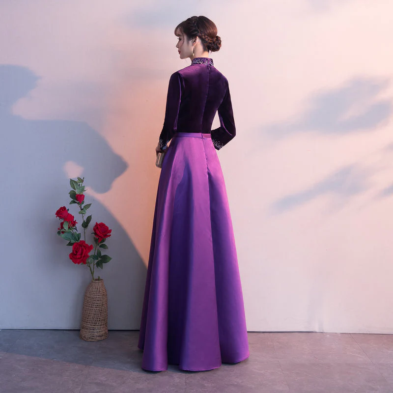 Solvbao Dark Purple Satin Long Sleeves Beaded Velvet Bridesmaid Dress, Purple Formal Dress - Deanwangkt