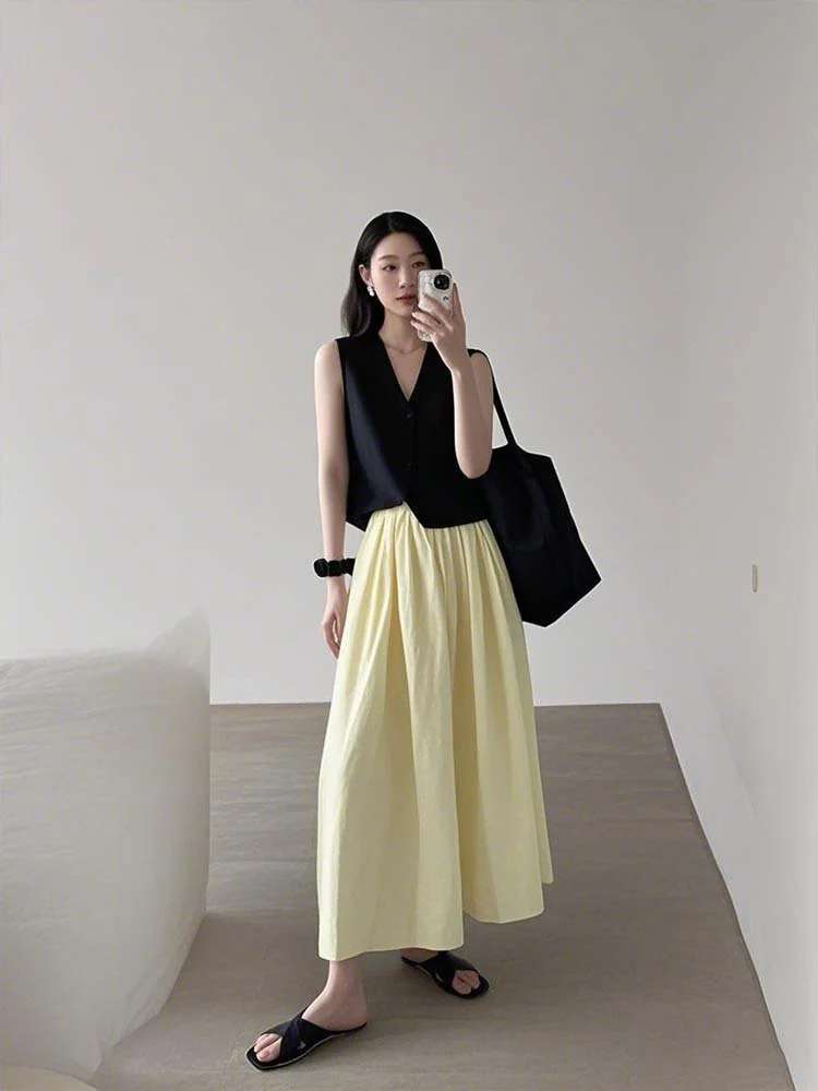 Siyuan [A-word fluffy skirt] loose casual versatile elastic waist silhouette high waist pleated skirt 8259 - Deanwangkt