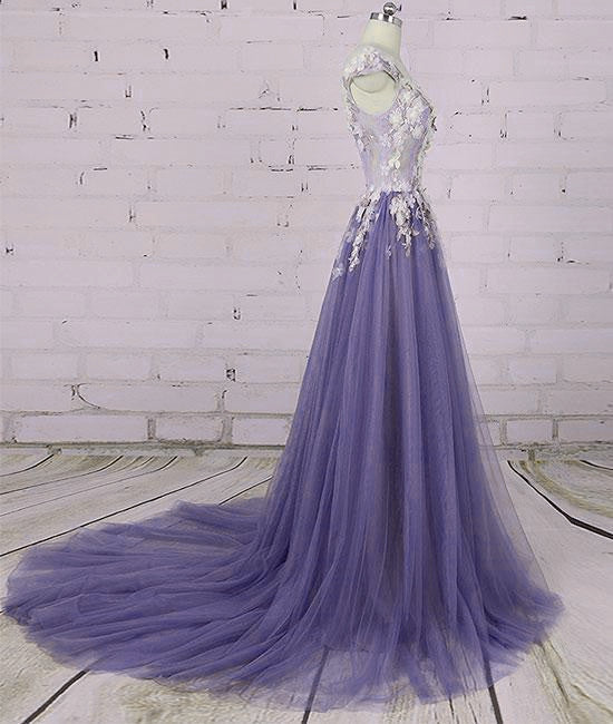 Solvbao Light Purple Tulle Floral Long A-line Prom Dress Wedding Party Dress, Lace Flowers Party Dress - Deanwangkt