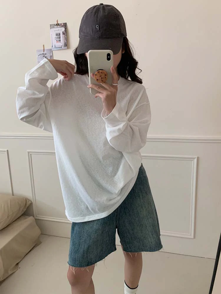 Siyuan minimalist row style large silhouette blouse long-sleeved T-shirt delicate nude and thin sunscreen bottoming shirt women's summer 8945 - Deanwangkt